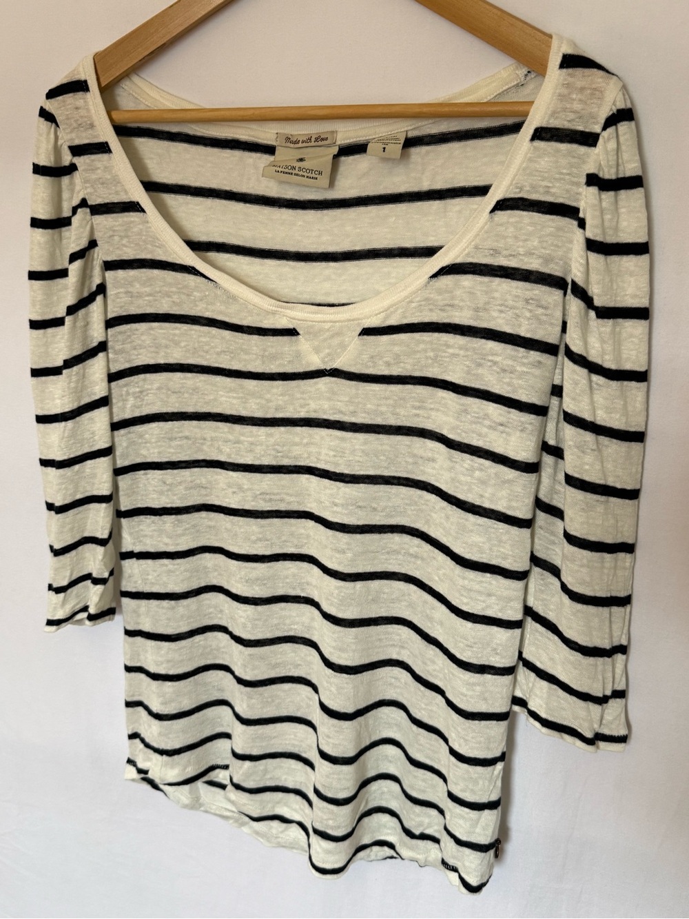 Maison Scotch - 100% linen  black and Cream Striped Scoop Neck Long Sleeve Top